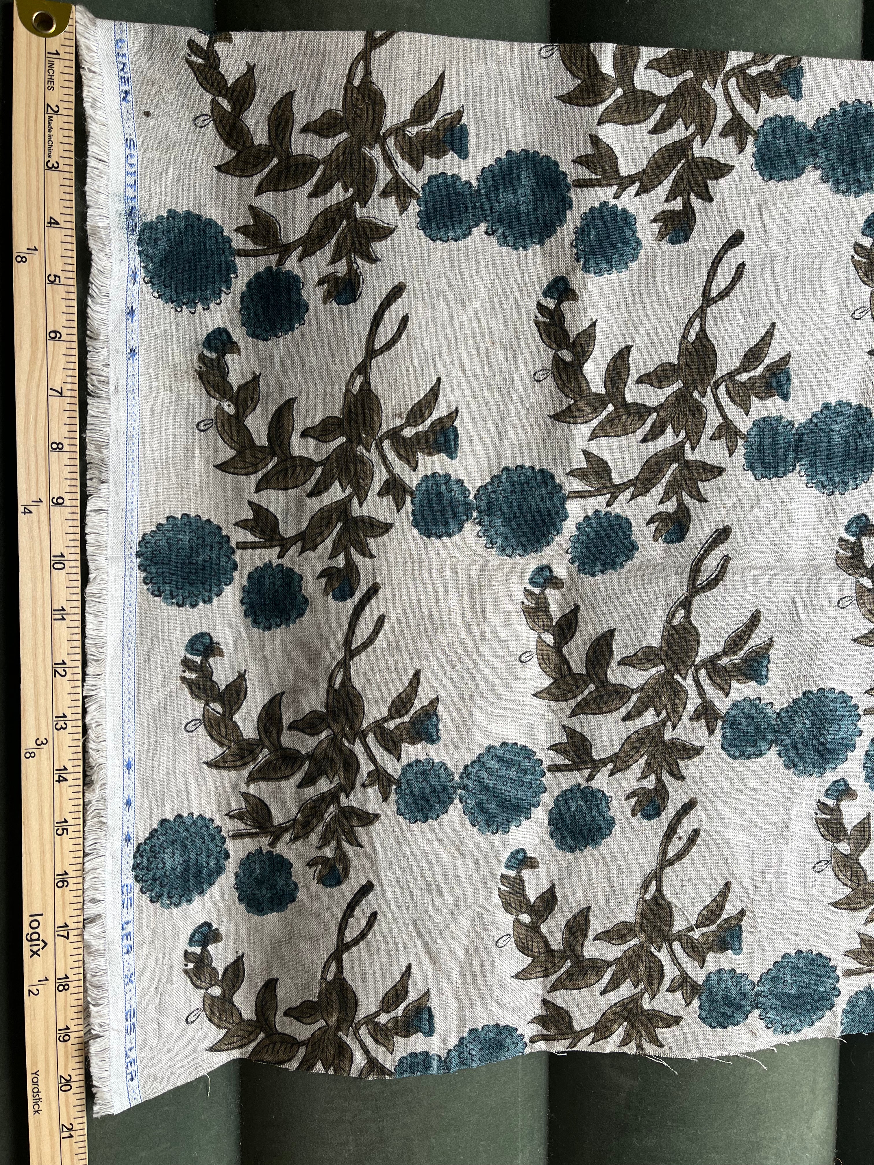 1 Yard Cut Out-Tony Hand Block Printed Upholstery Linen Fabric Linen Fabric