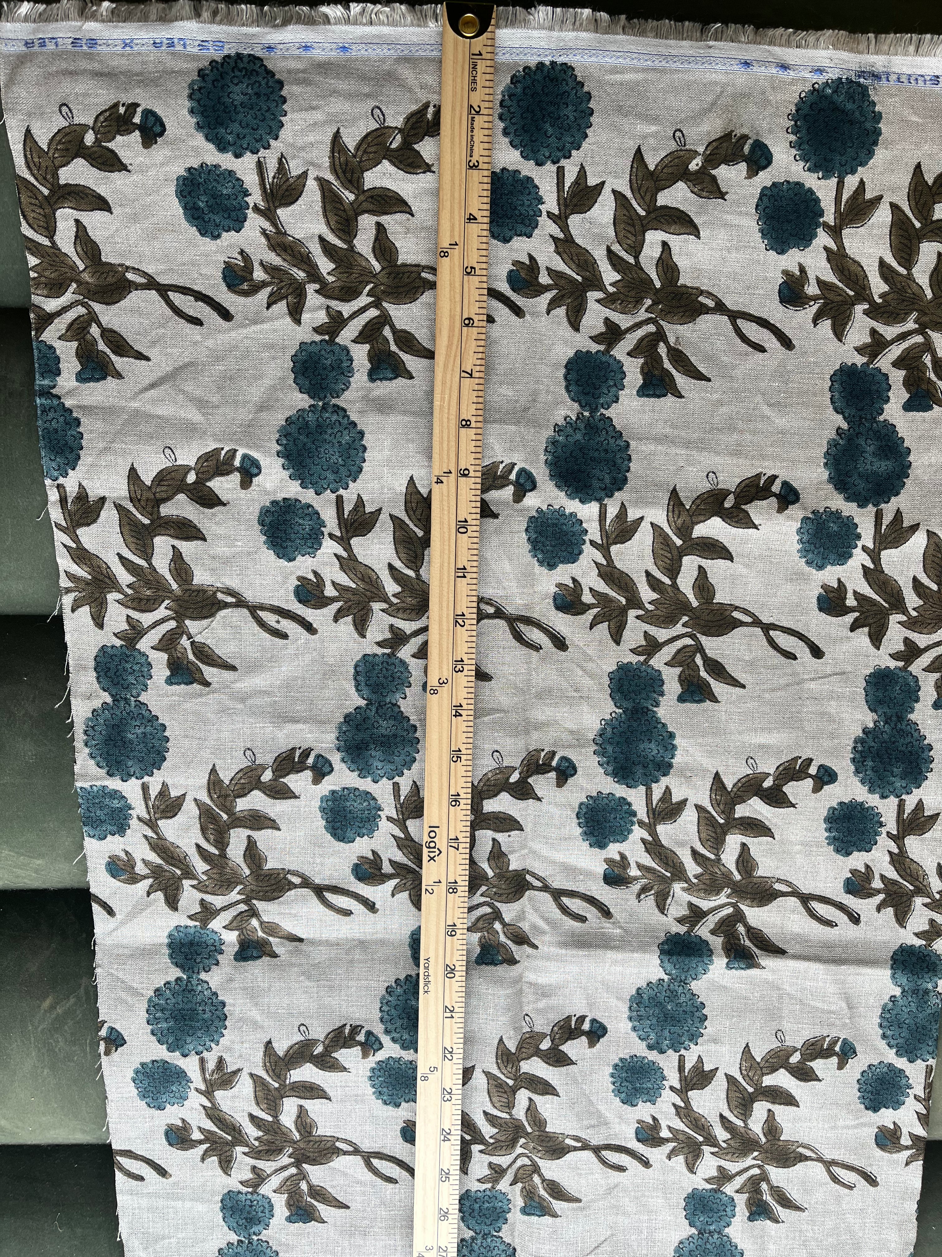 1 Yard Cut Out-Tony Hand Block Printed Upholstery Linen Fabric Linen Fabric