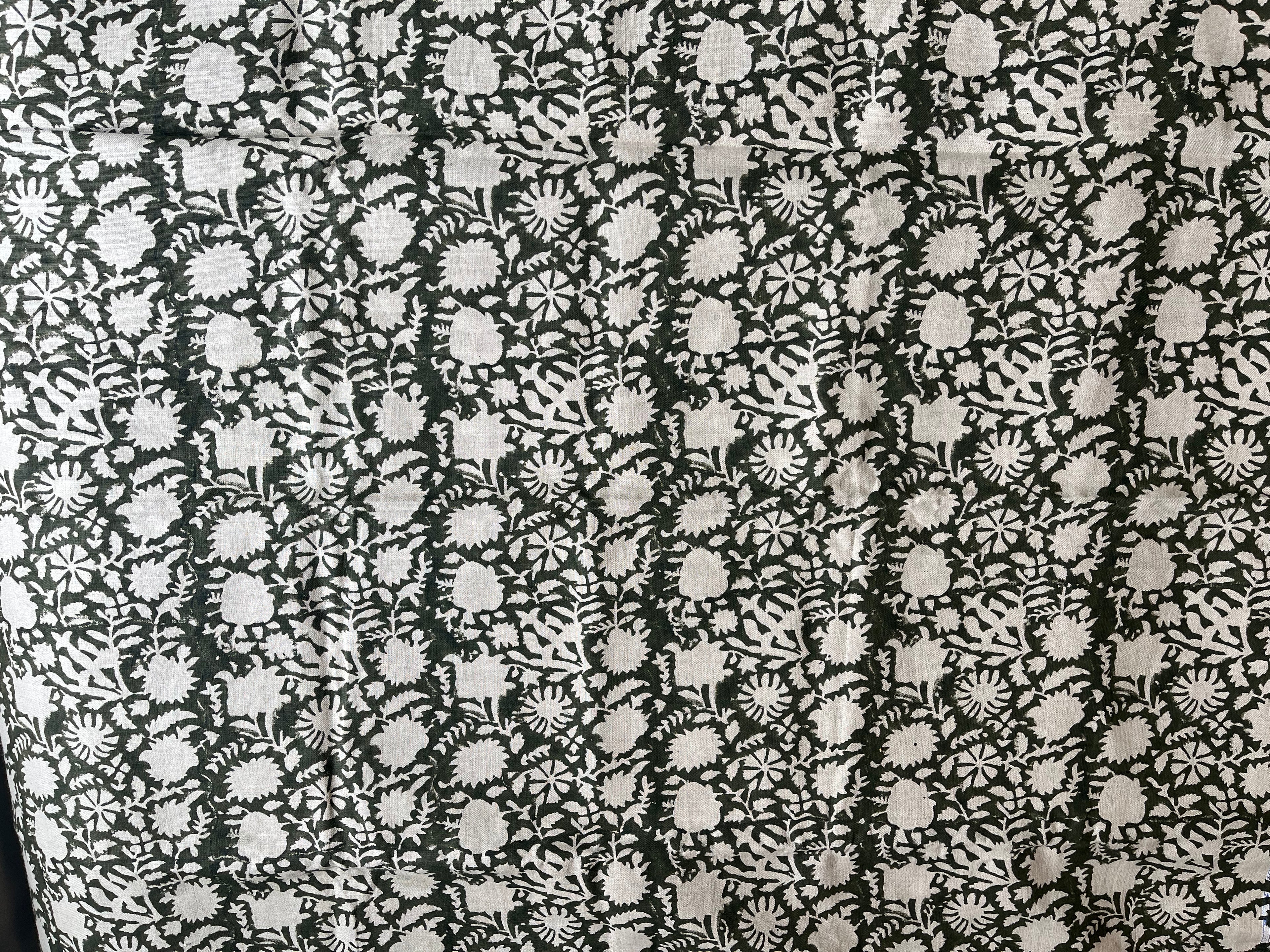2 Yards Cut Out-Olive Block Print Upholstery Linen Fabric 2 Yards Linen Fabric
