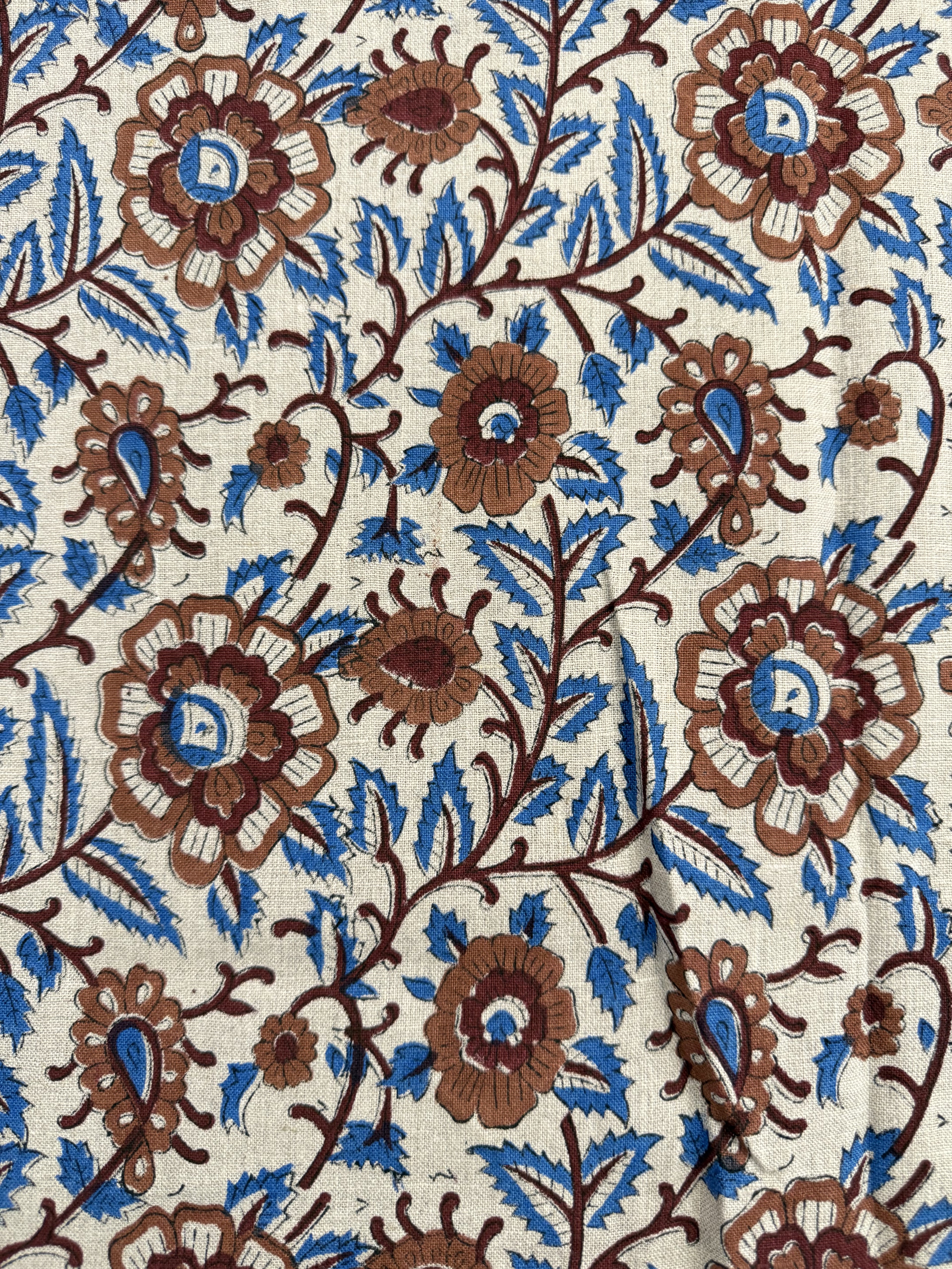 Cleo Block Print Linen Blue Brown Wine Red Linen Fabric