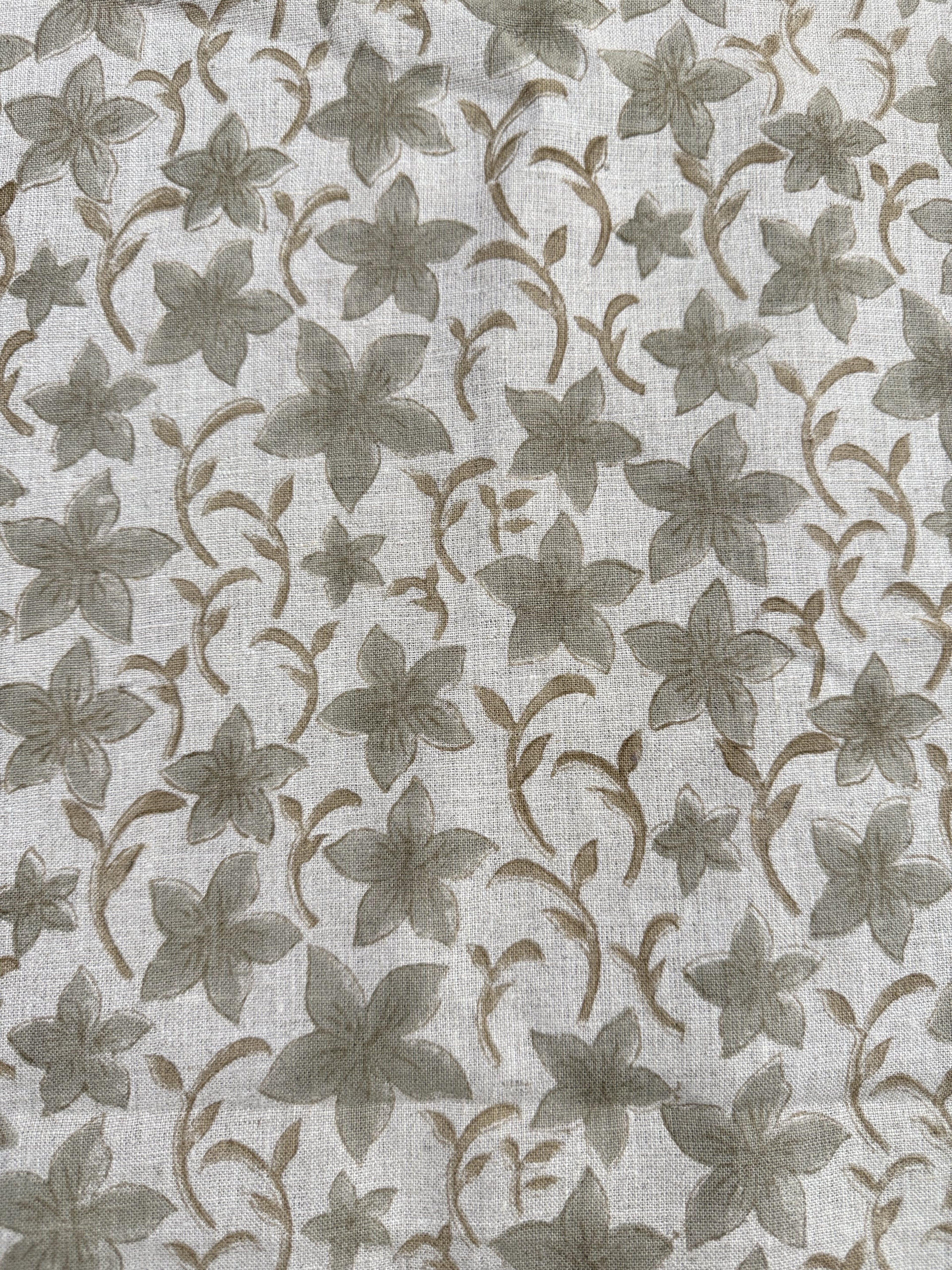 Bob Linen Block Print Fabric by the Yard Sage Green Brown Linen Fabric