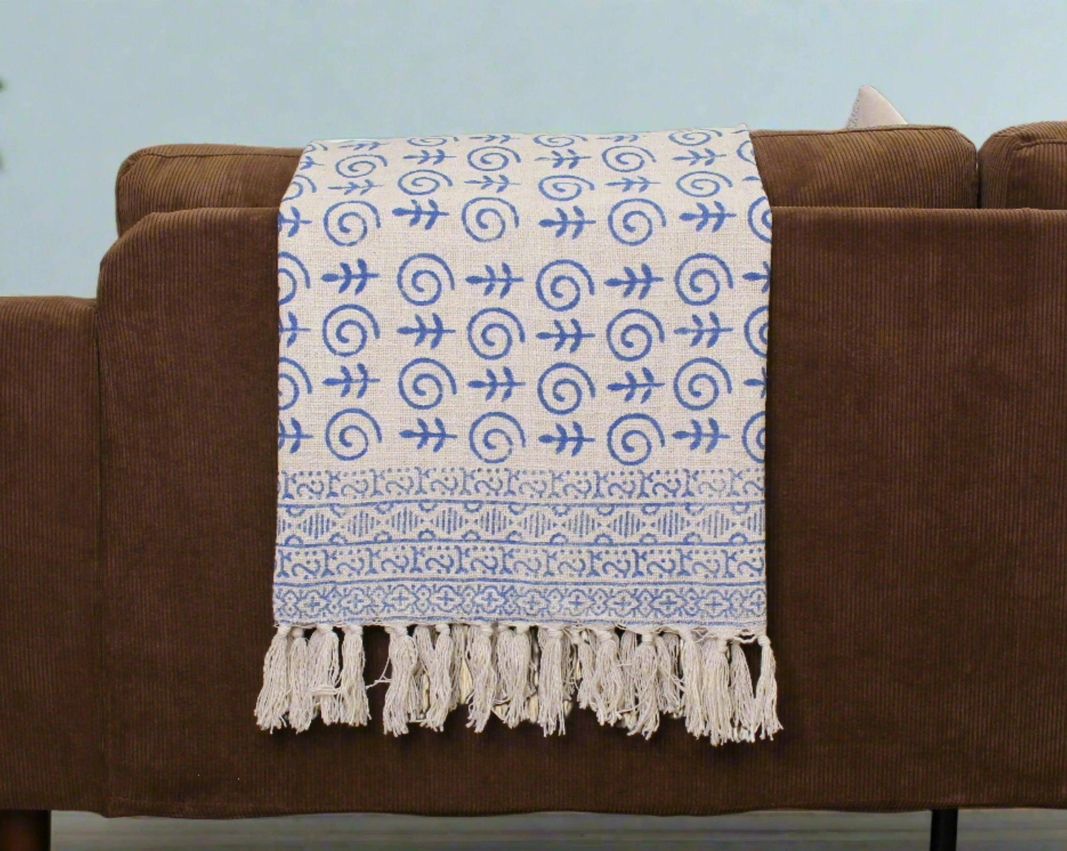 Indigo Fishy Block Print Throw Blanket Hand Block Printed