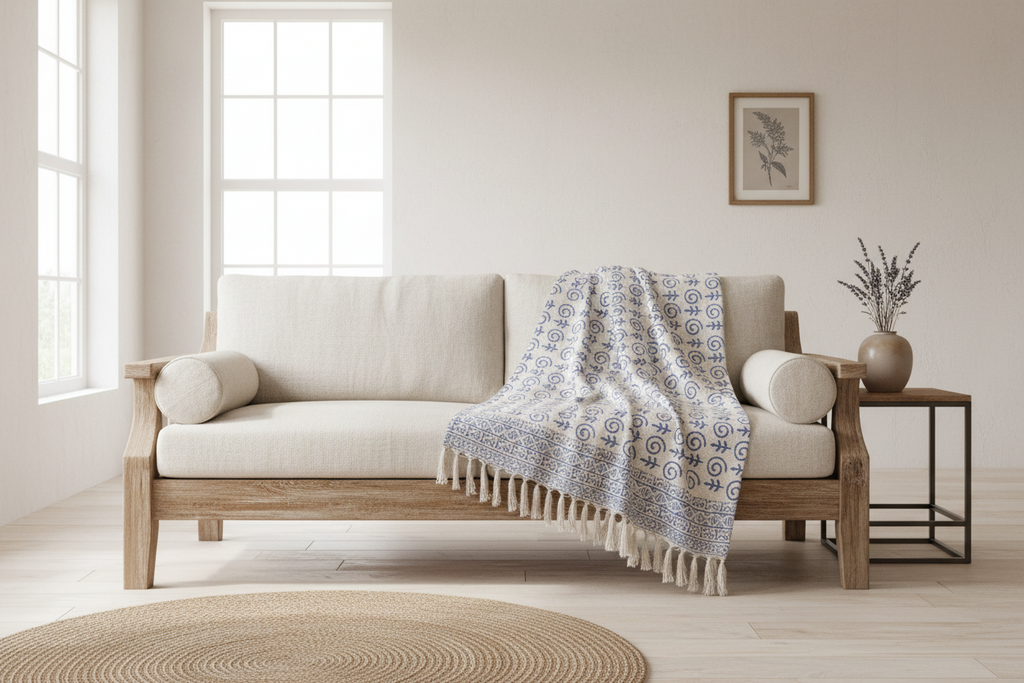 Indigo Fishy Block Print Throw Blanket Hand Block Printed
