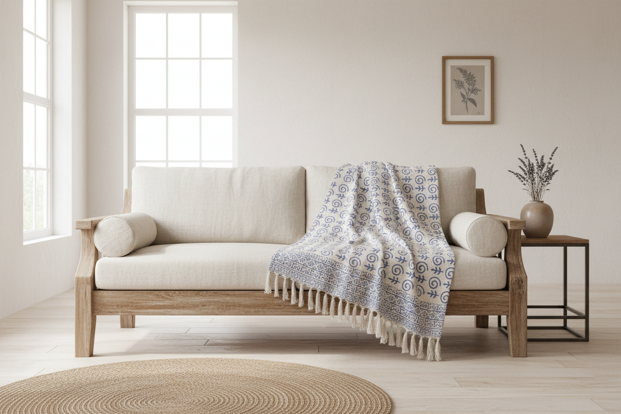 Indigo Fishy Block Print Throw Blanket Hand Block Printed