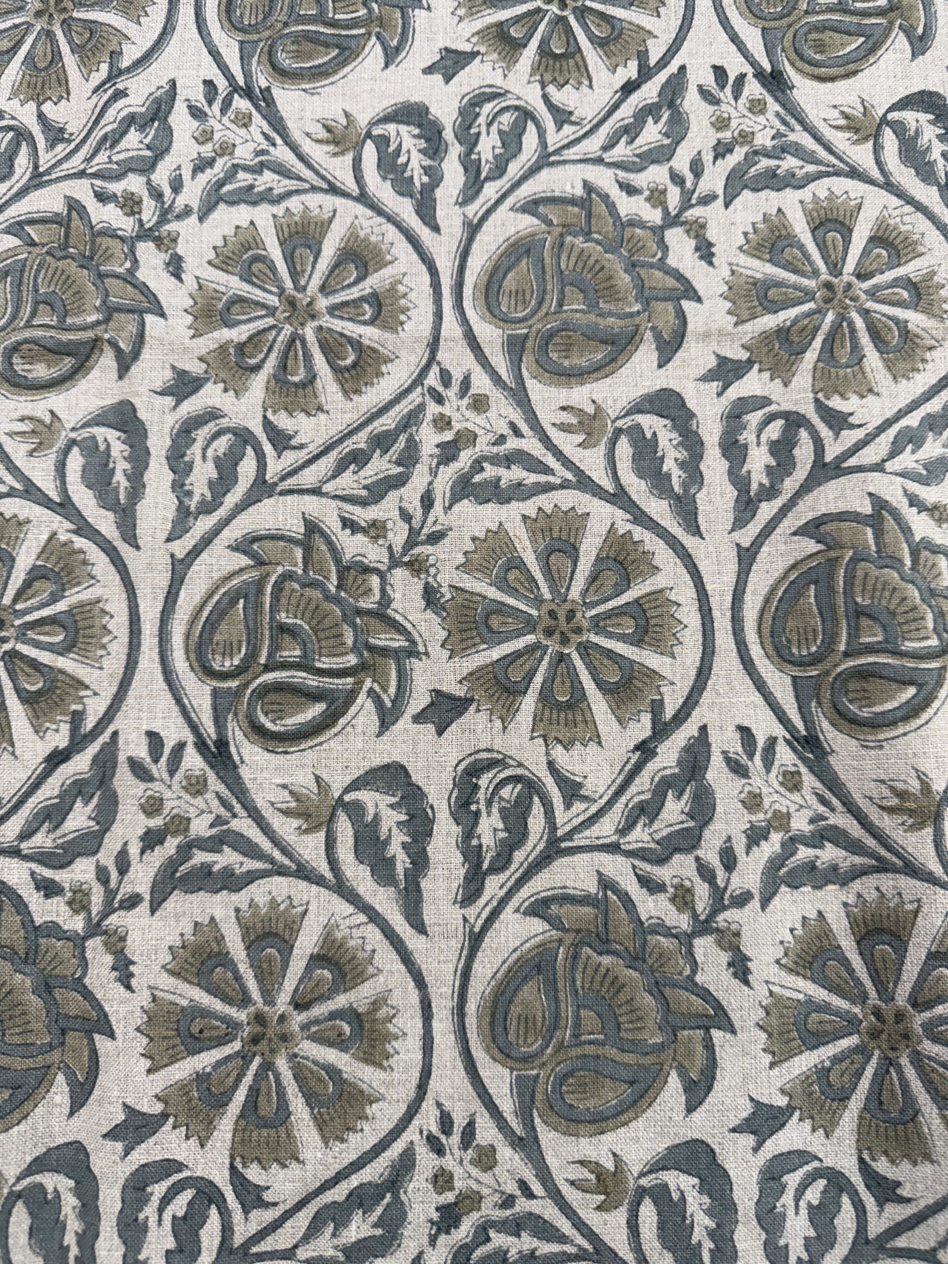 Agnes Hand Block Printed Lenin Upholstery Fabric Sage Green Green outline Linen Fabric