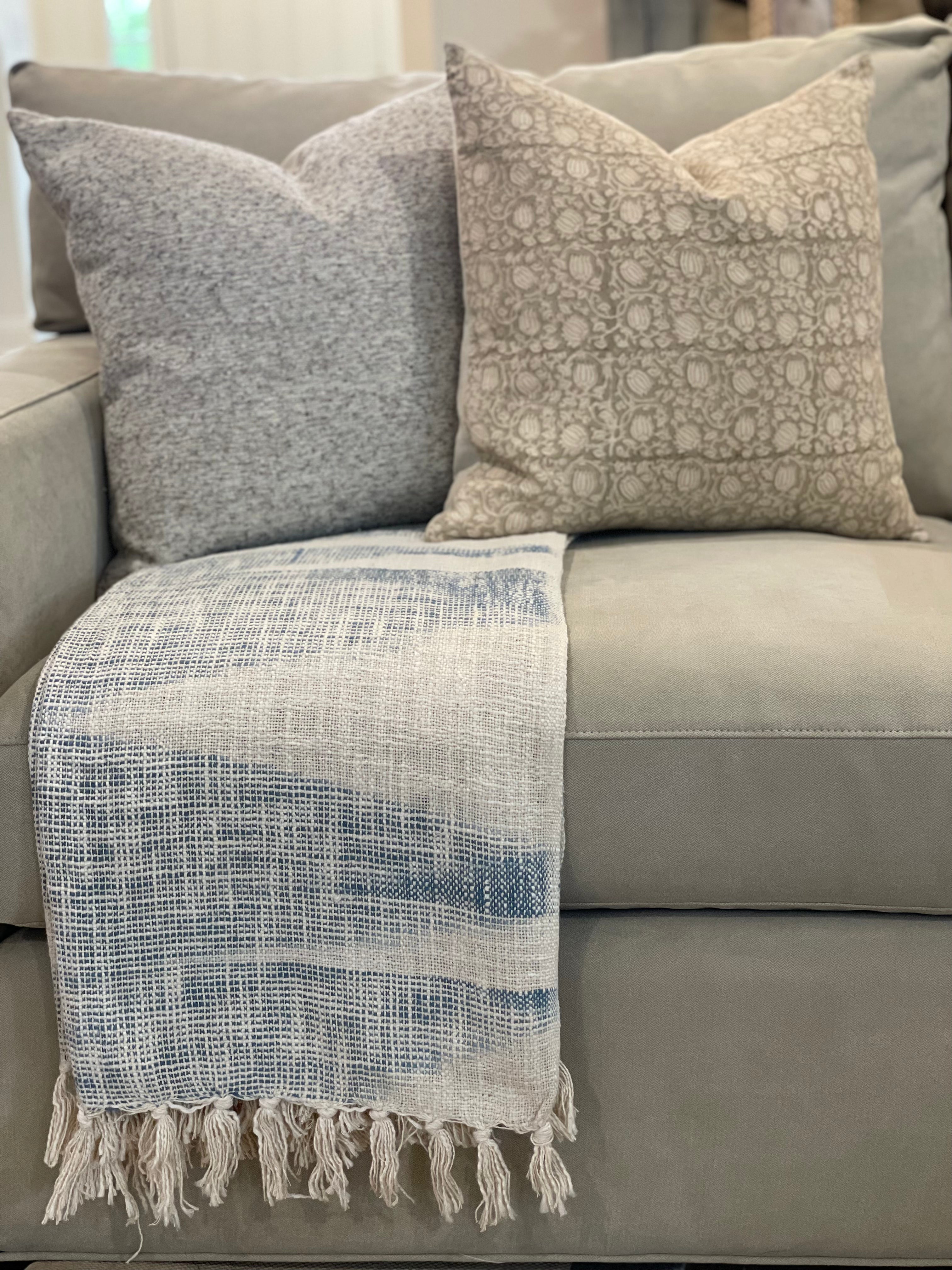 Ava Handloom Sofa Throw Blanket Blue Cotton Throws