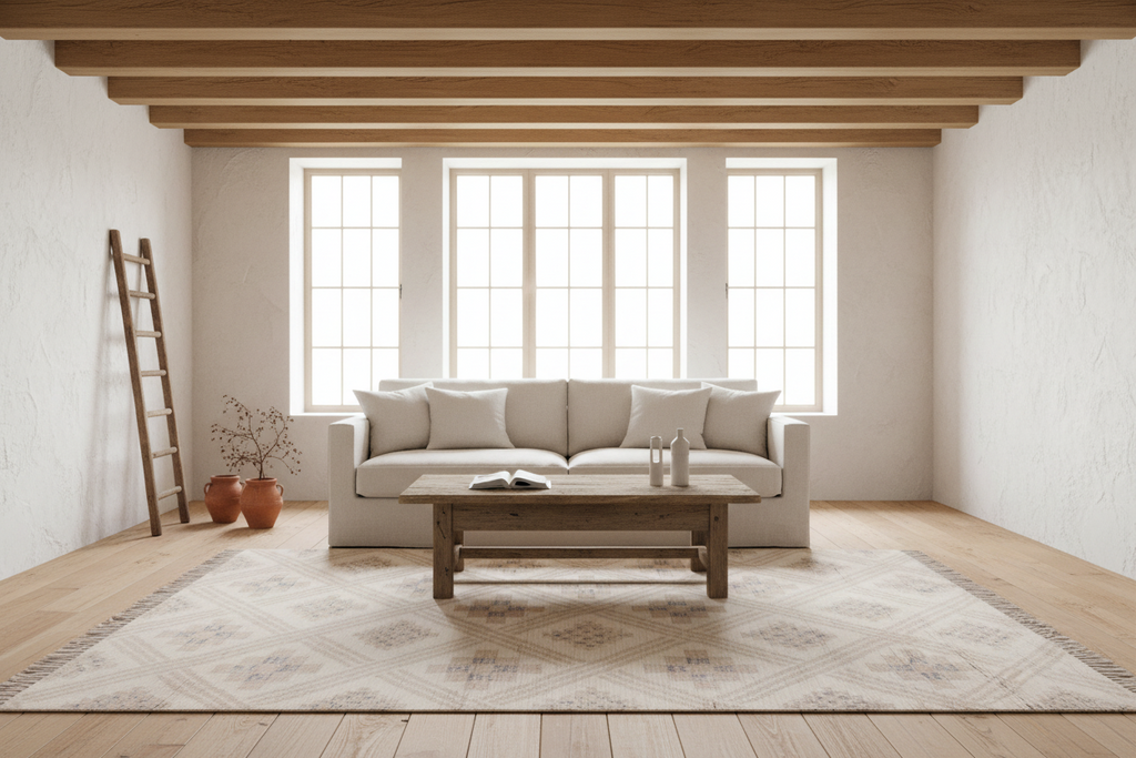 Patterned rug with geometric design on a plain background
