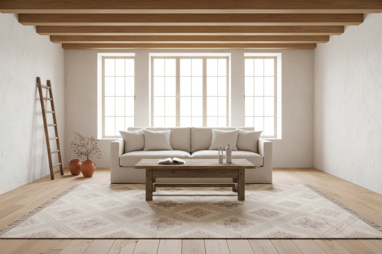 Patterned rug with geometric design on a plain background