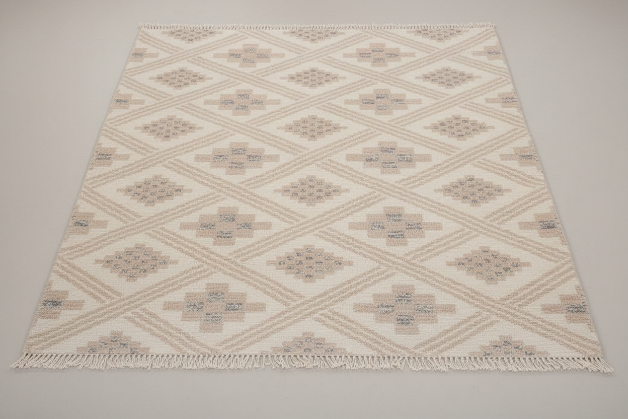 Patterned rug with geometric design on a plain background