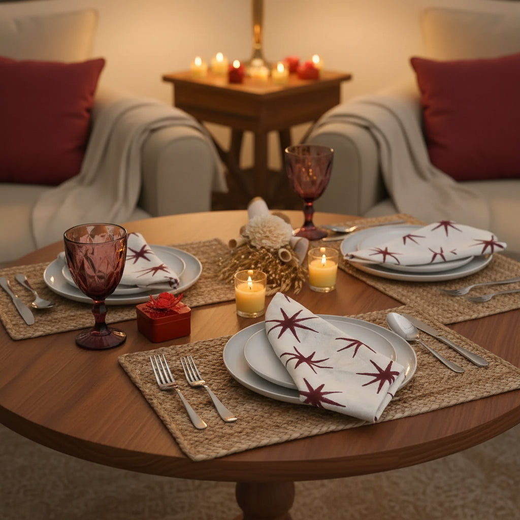 Cotton Block Print Napkins – Deep Red Star Motif Napkins