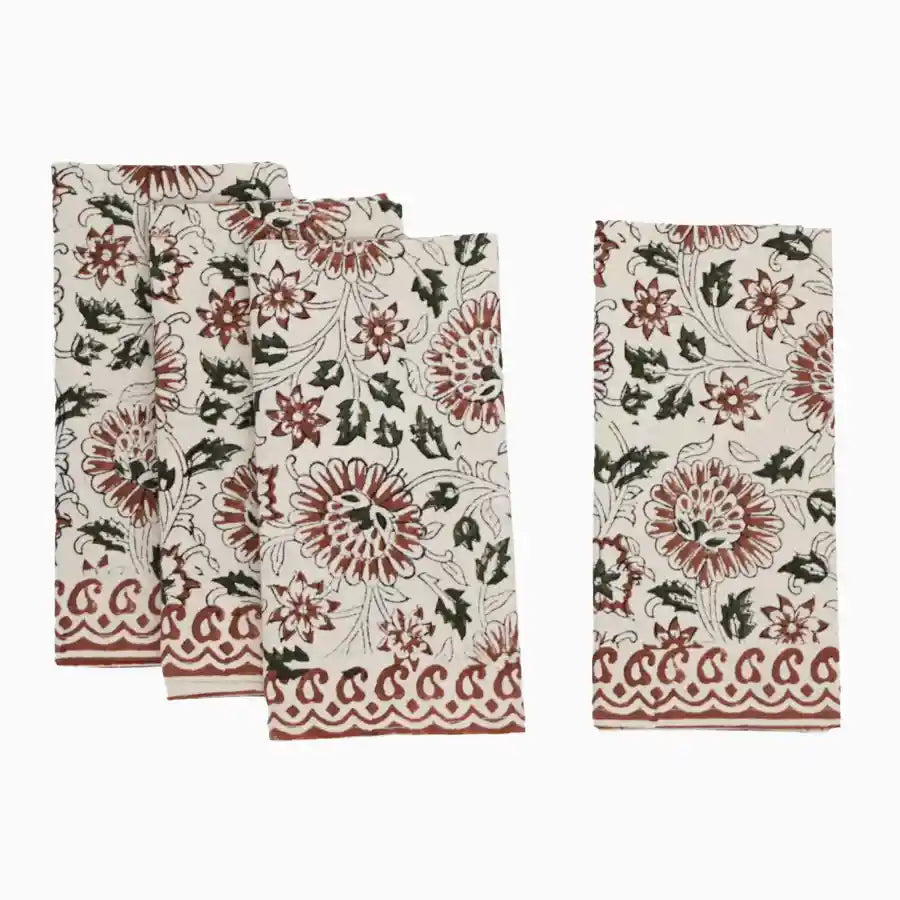 Cotton floral block print napkins in rustic red on natural fabric