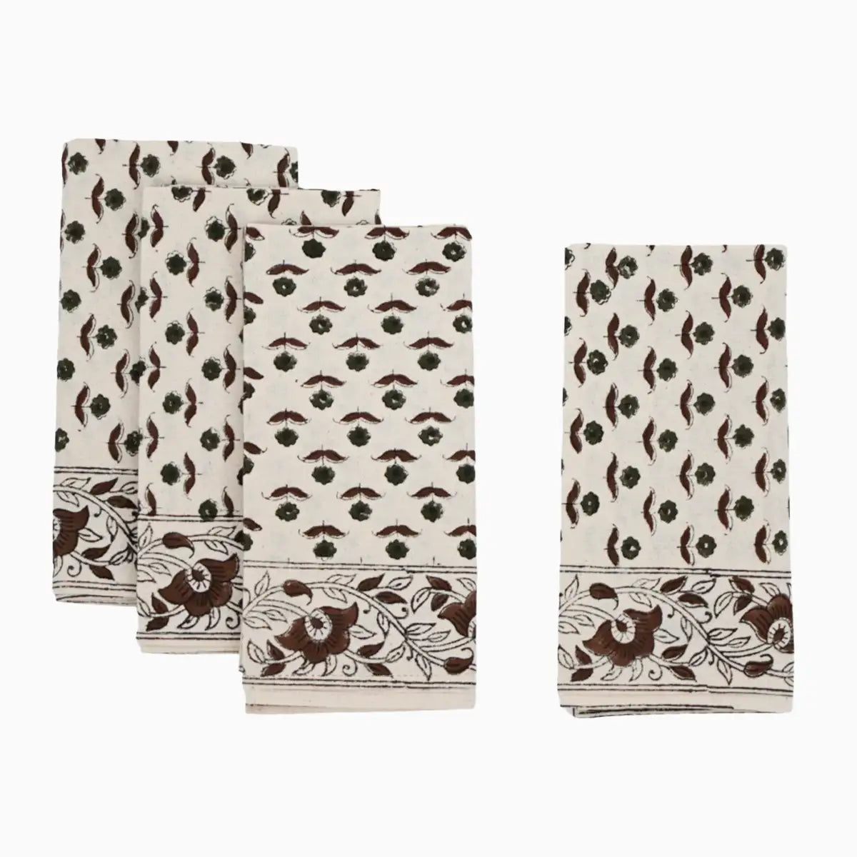 Cotton floral buti block print napkins in brown on natural fabric