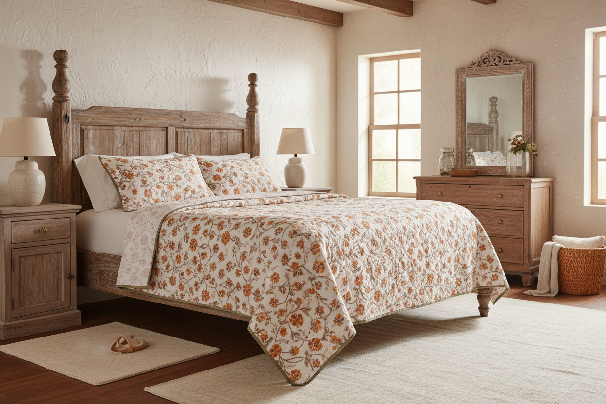 Bedroom with wooden bed, floral bedding, and matching furniture.