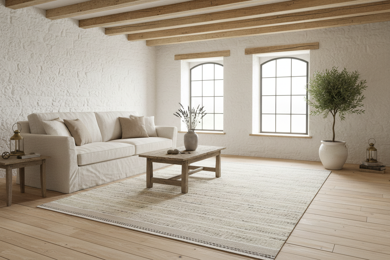 Textured area rug with horizontal stripes on a white background