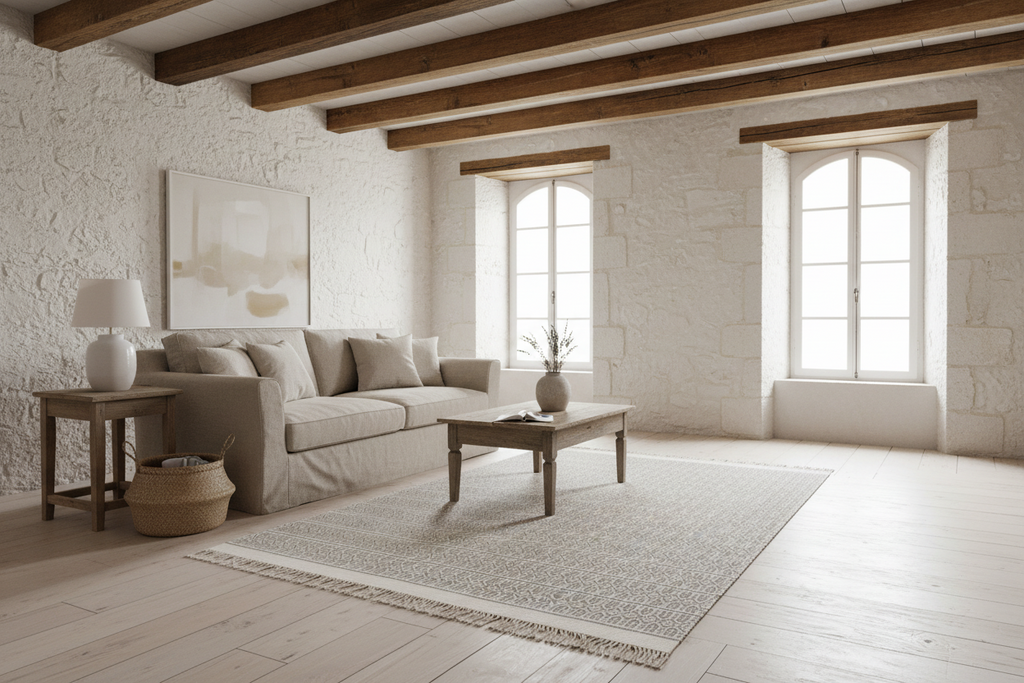Patterned rug with geometric design on a plain background