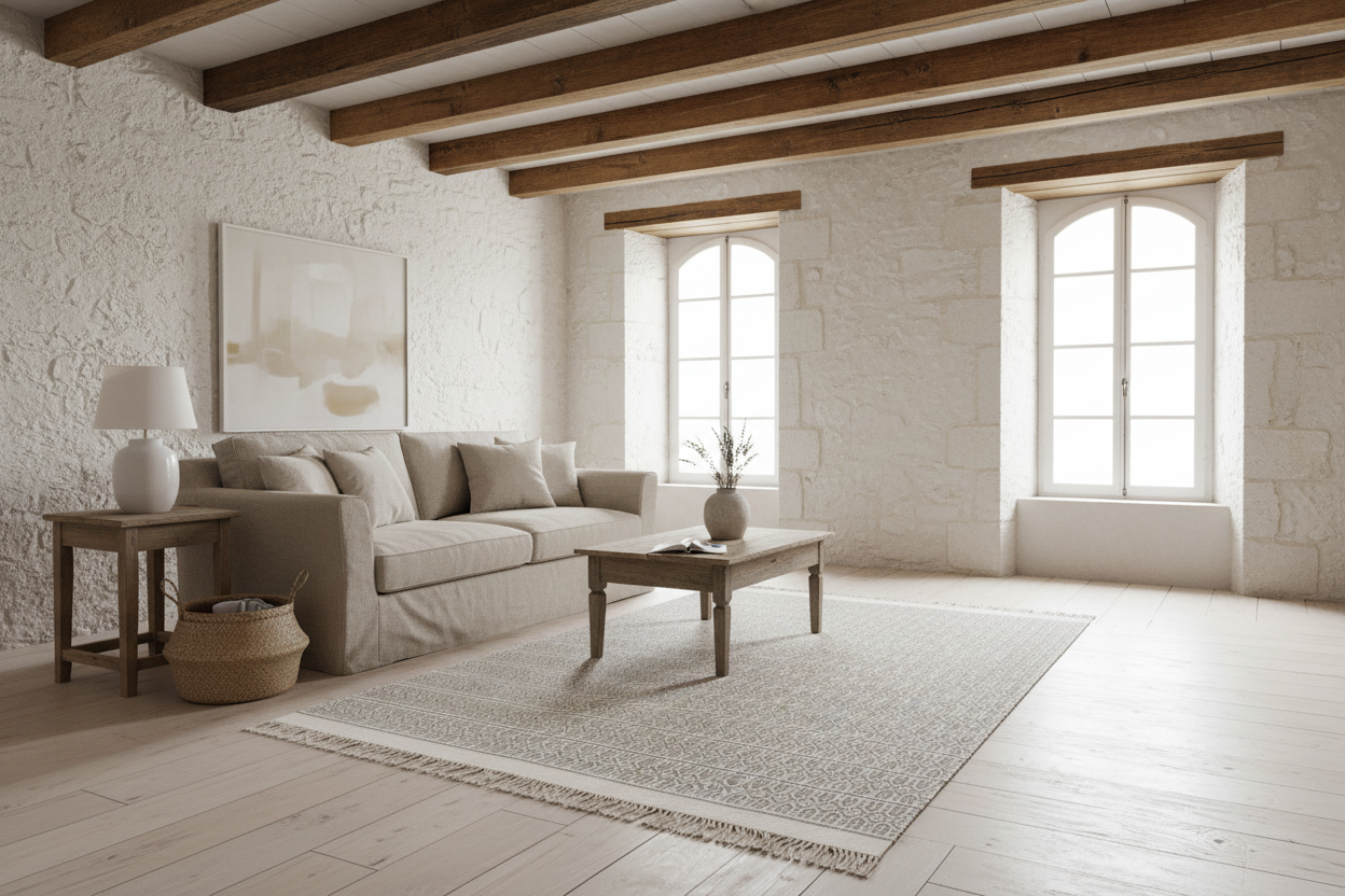Patterned rug with geometric design on a plain background