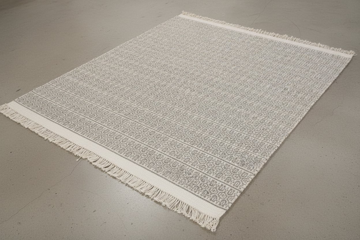 Patterned rug with geometric design on a plain background