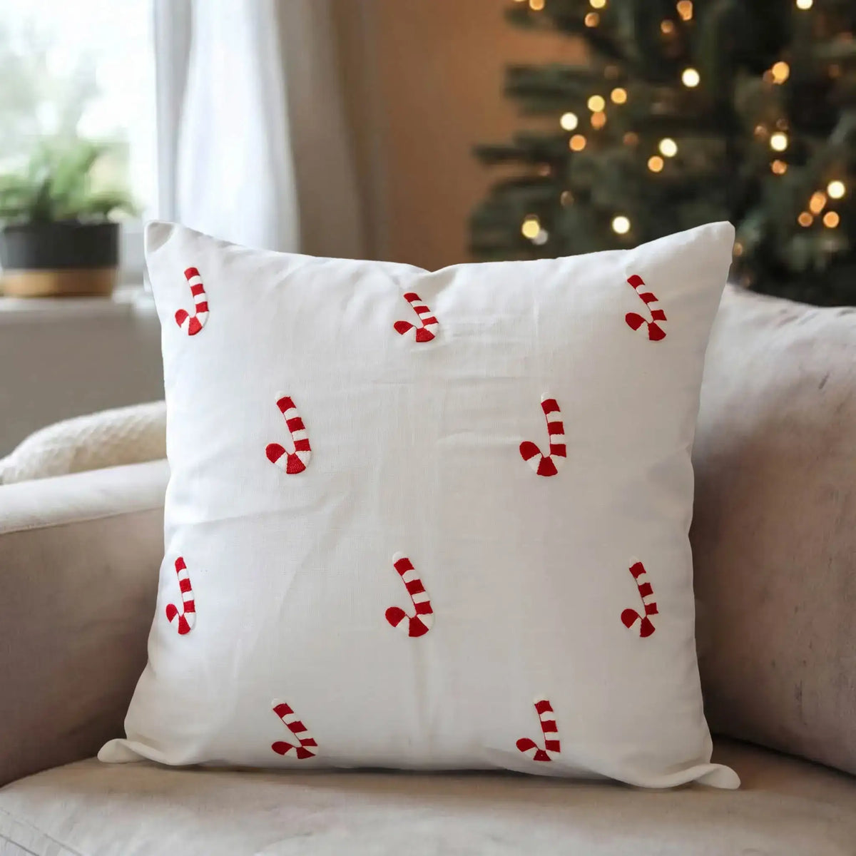 Candy Cane Embroidered Pillow Cover