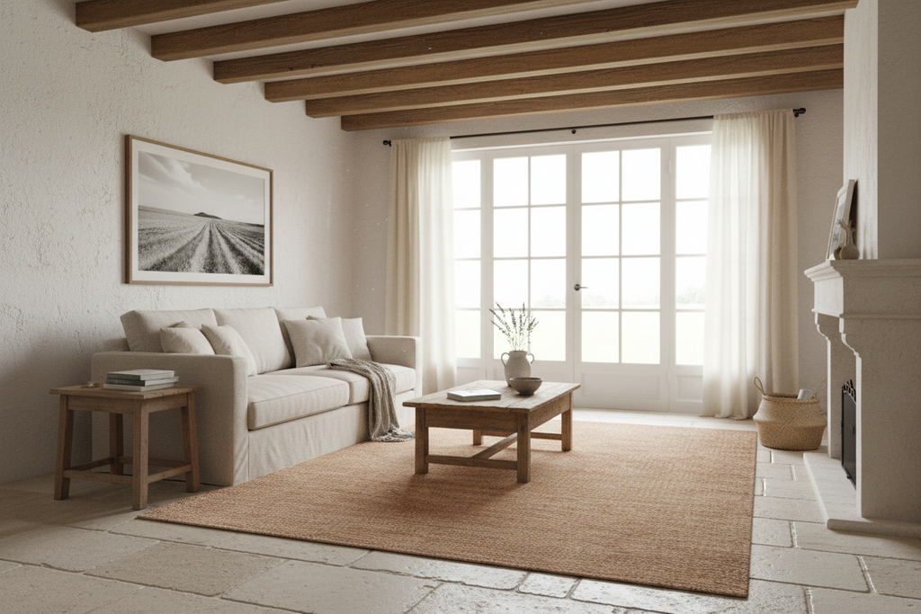 Beige rug with a textured pattern on a white background
