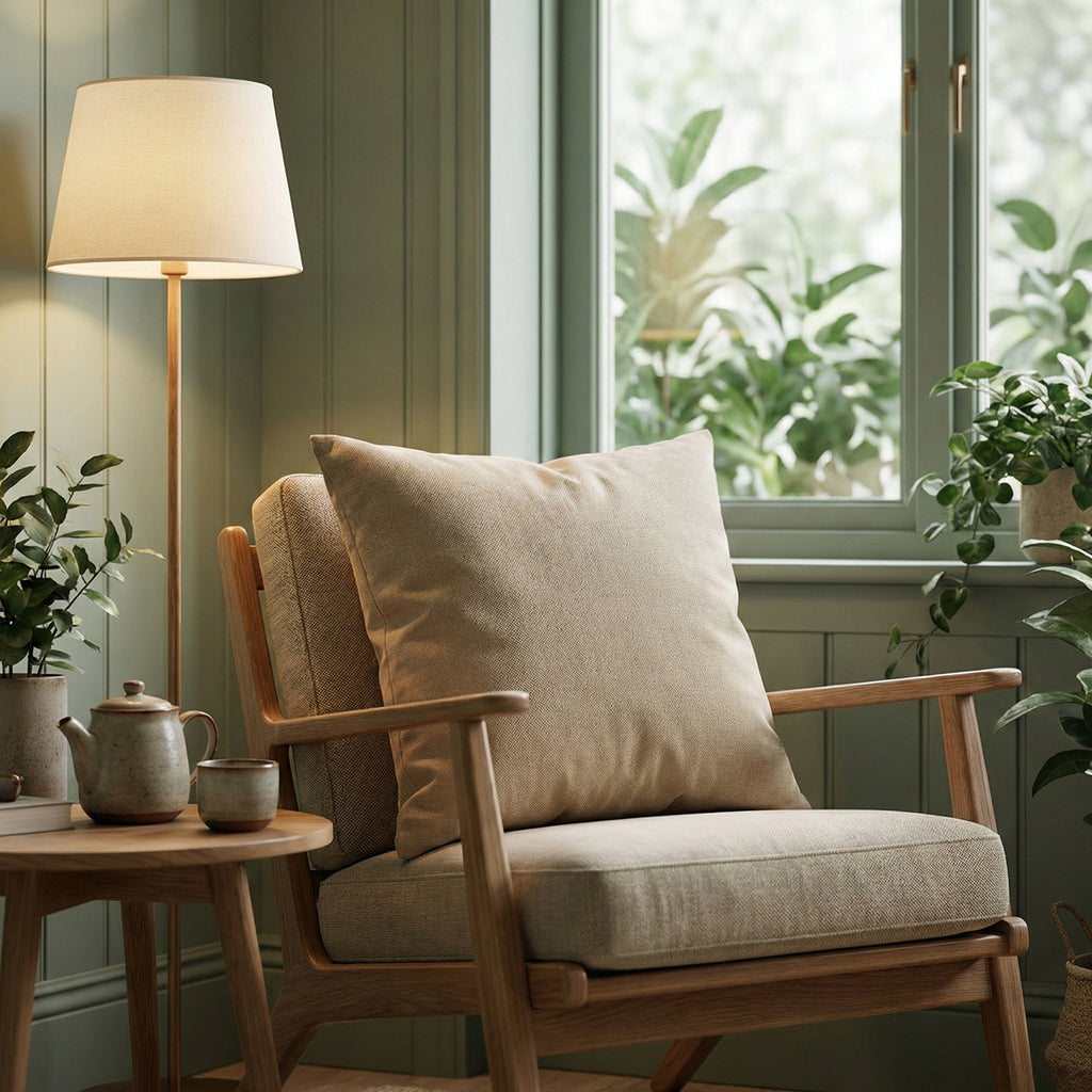Cozy living room with a wooden armchair, side table, and lamp.