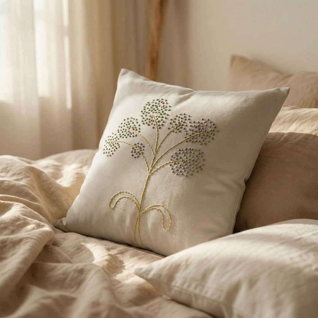 Decorative pillow with embroidered design on a bed in a softly lit room