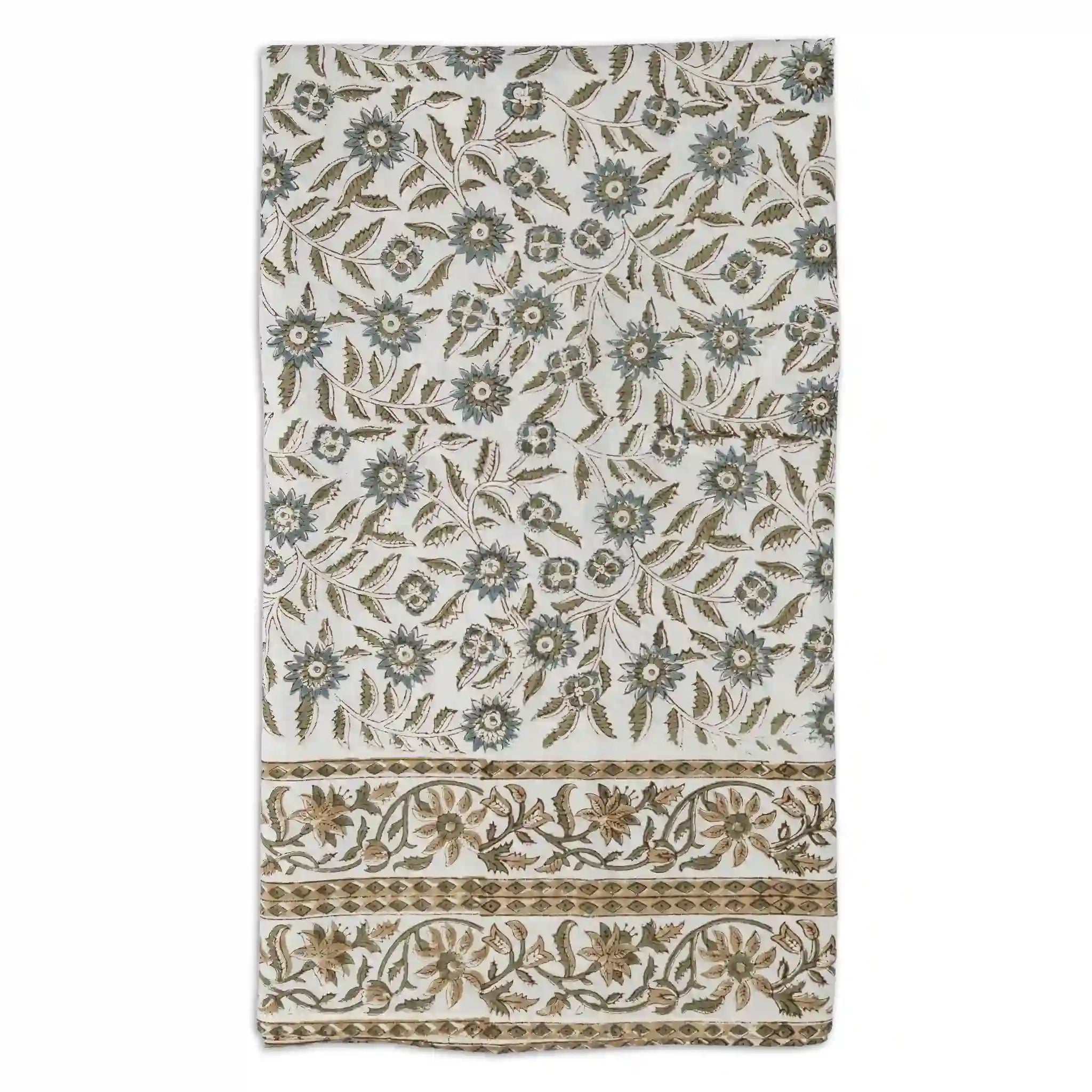 Willowmere Ice Blue & Brown Hand Block Printed Cotton Tablecloth