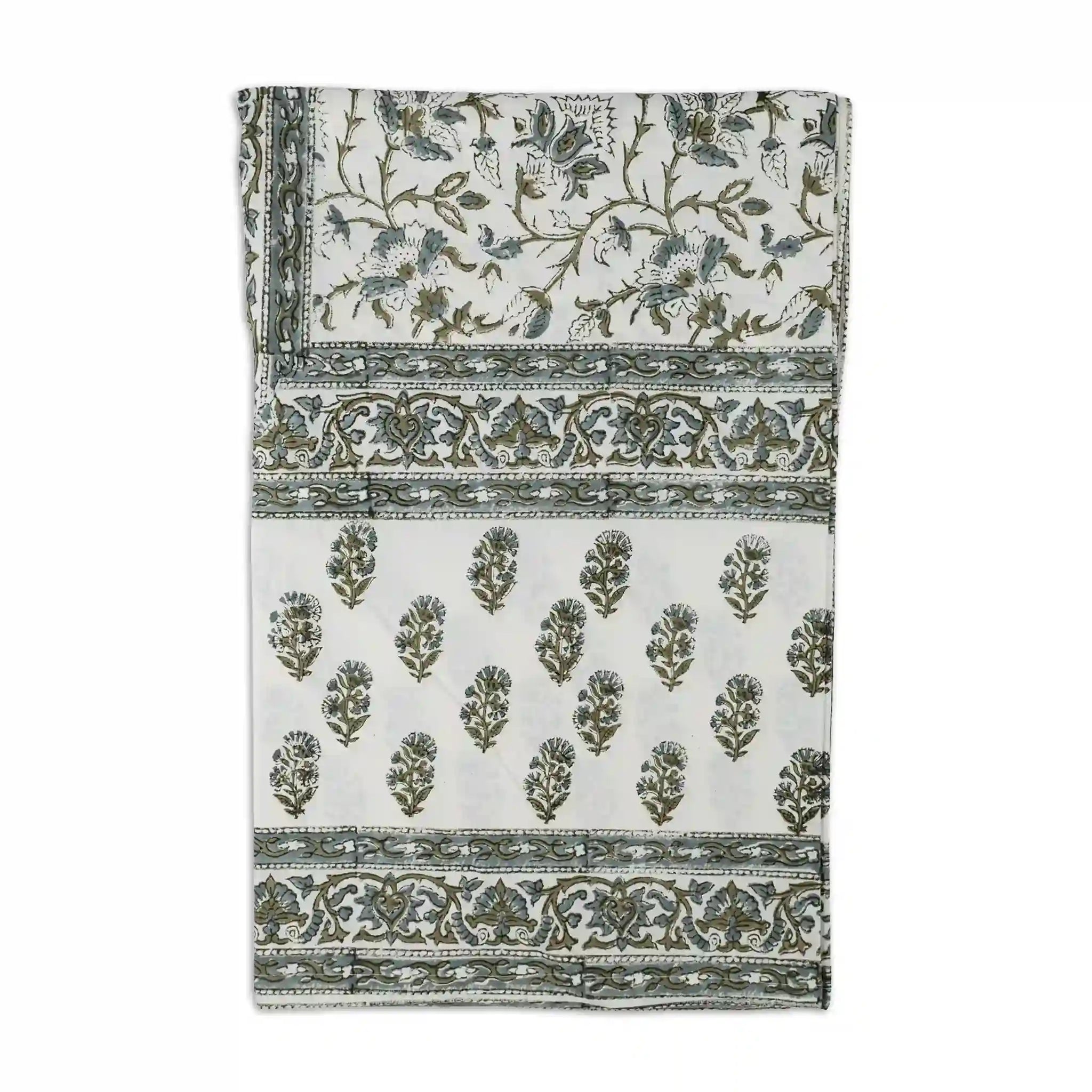 Montrose Ice Blue & Olive Green Hand Block Printed Cotton Tablecloth