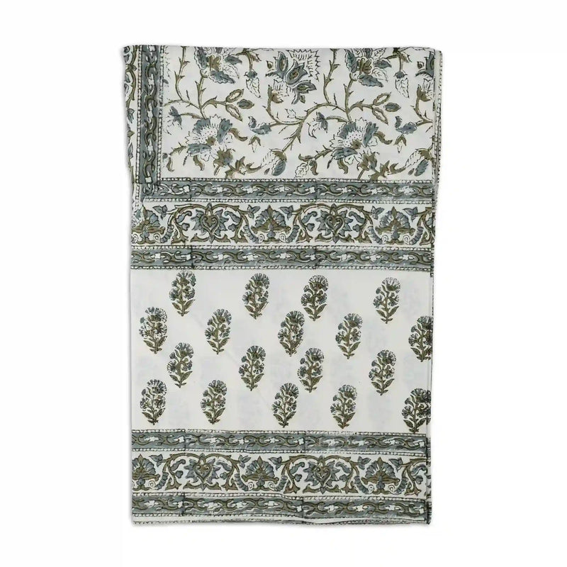 Montrose Ice Blue & Olive Green Hand Block Printed Cotton Tablecloth