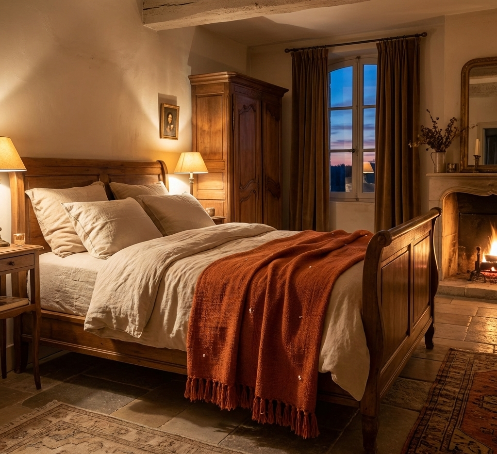 Cozy bedroom with wooden bed, red embroidered throw blanket, and fireplace.