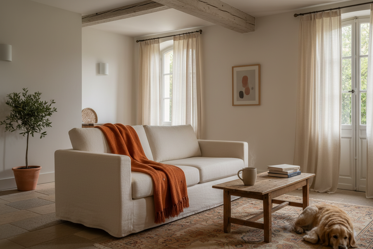 Cozy living room with a white sofa with a rust color embroidered throw, wooden coffee table, and a dog lying on the floor.