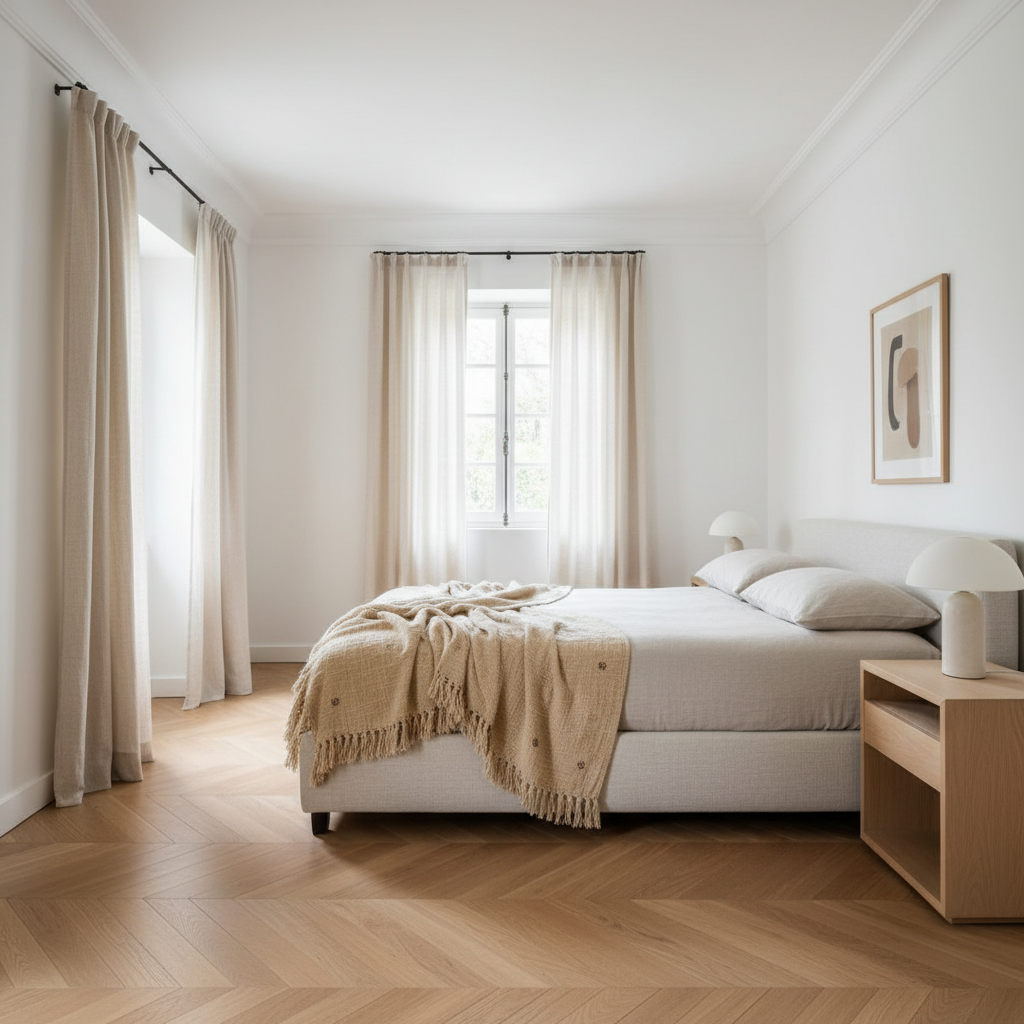 Modern bedroom with a bed showing a tan dust embroidered solid throw blanket, nightstands, and curtains.