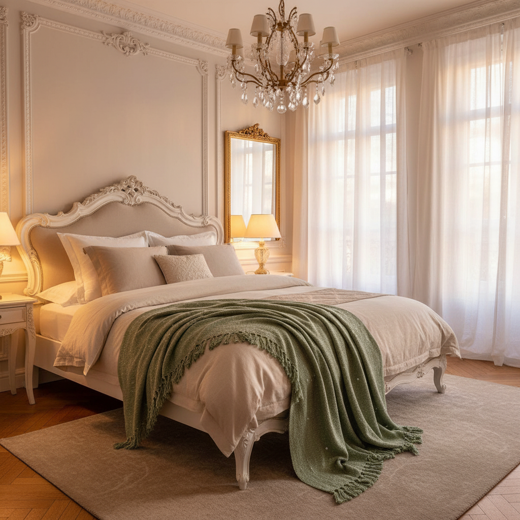 Luxurious bedroom with a large bed, green throw blanket, and ornate chandelier.