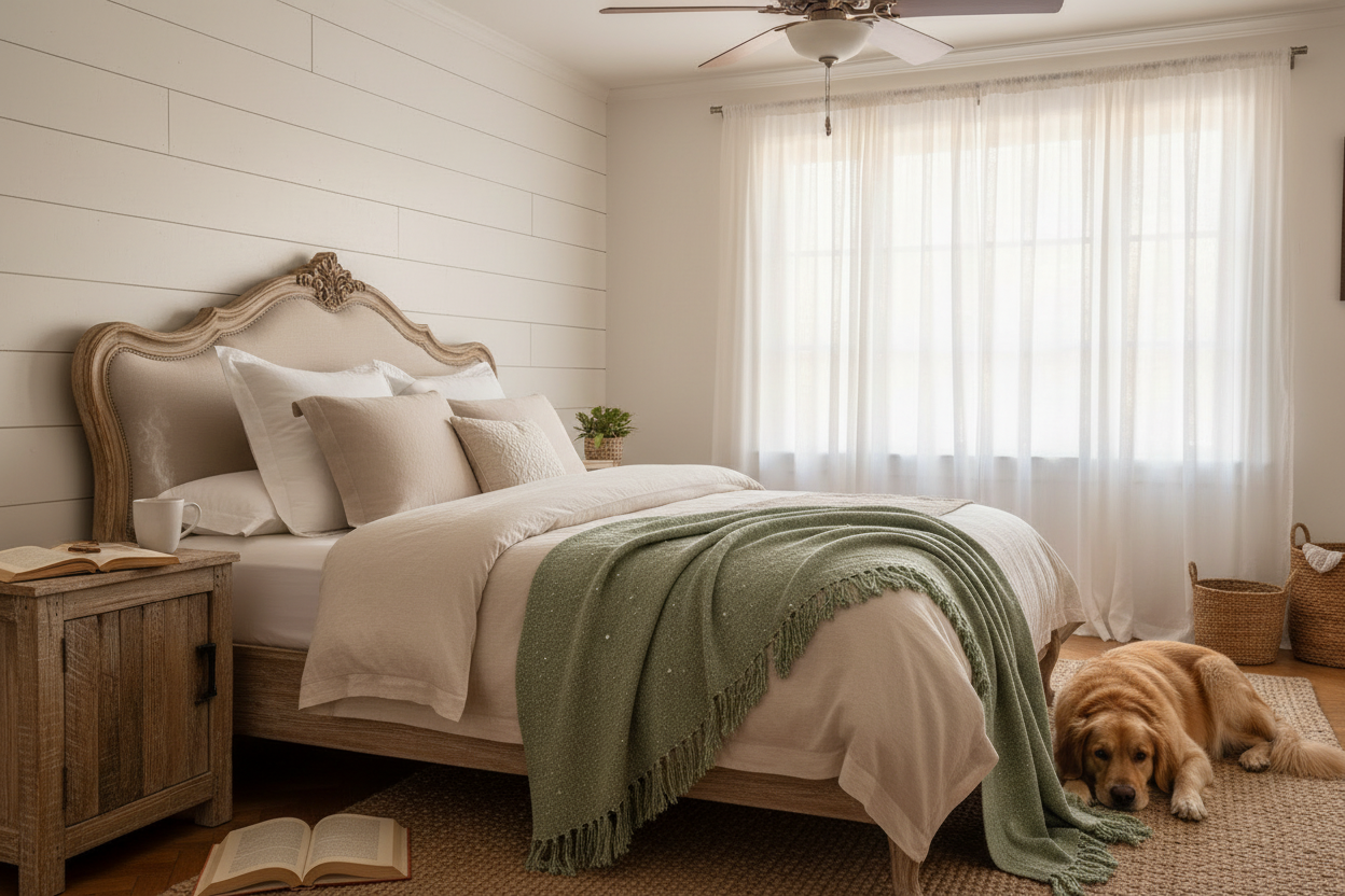 Dog lying on the floor next to a bed with a green throw blanket in a bedroom.