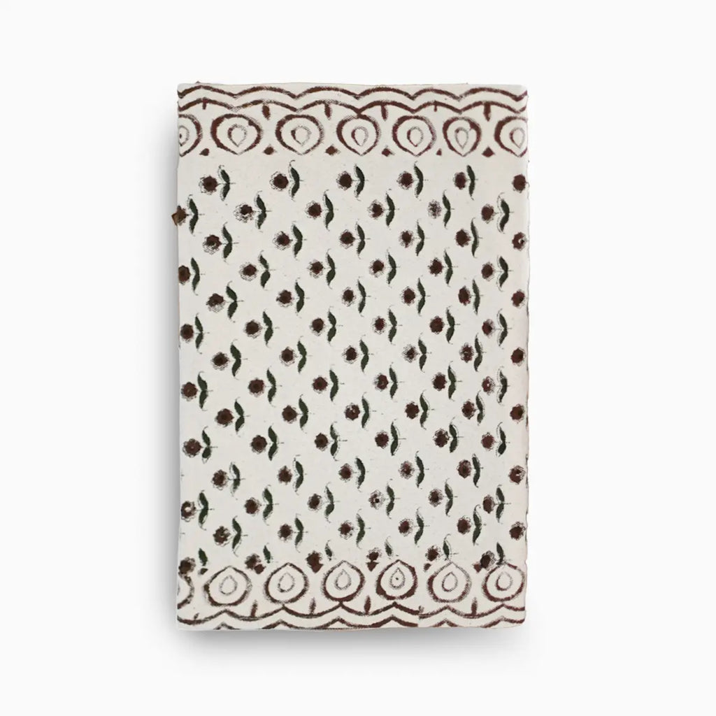 Hand block print table runner in white with rosewood floral buti pattern