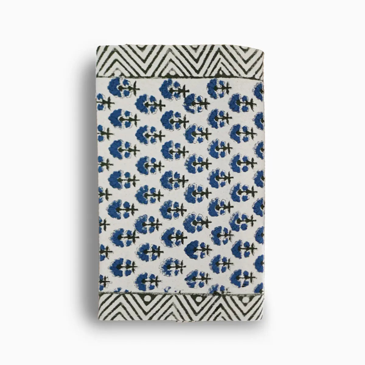 Hand block print table runner in white with oxford blue floral buti pattern