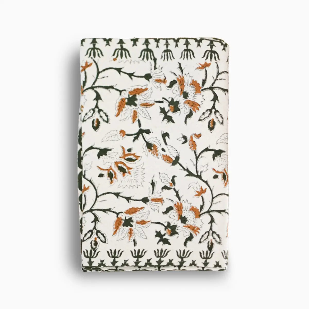 Hand block print table runner in white with amber gold floral pattern