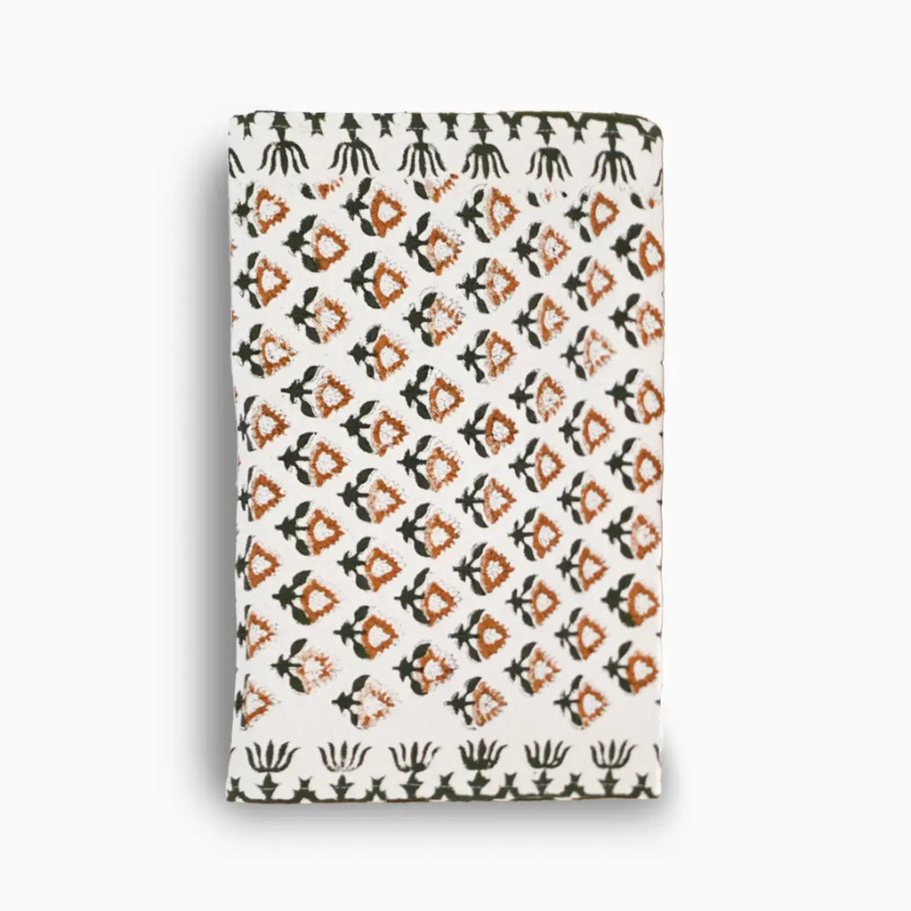 Hand block print table runner in white with otter brown floral buti pattern