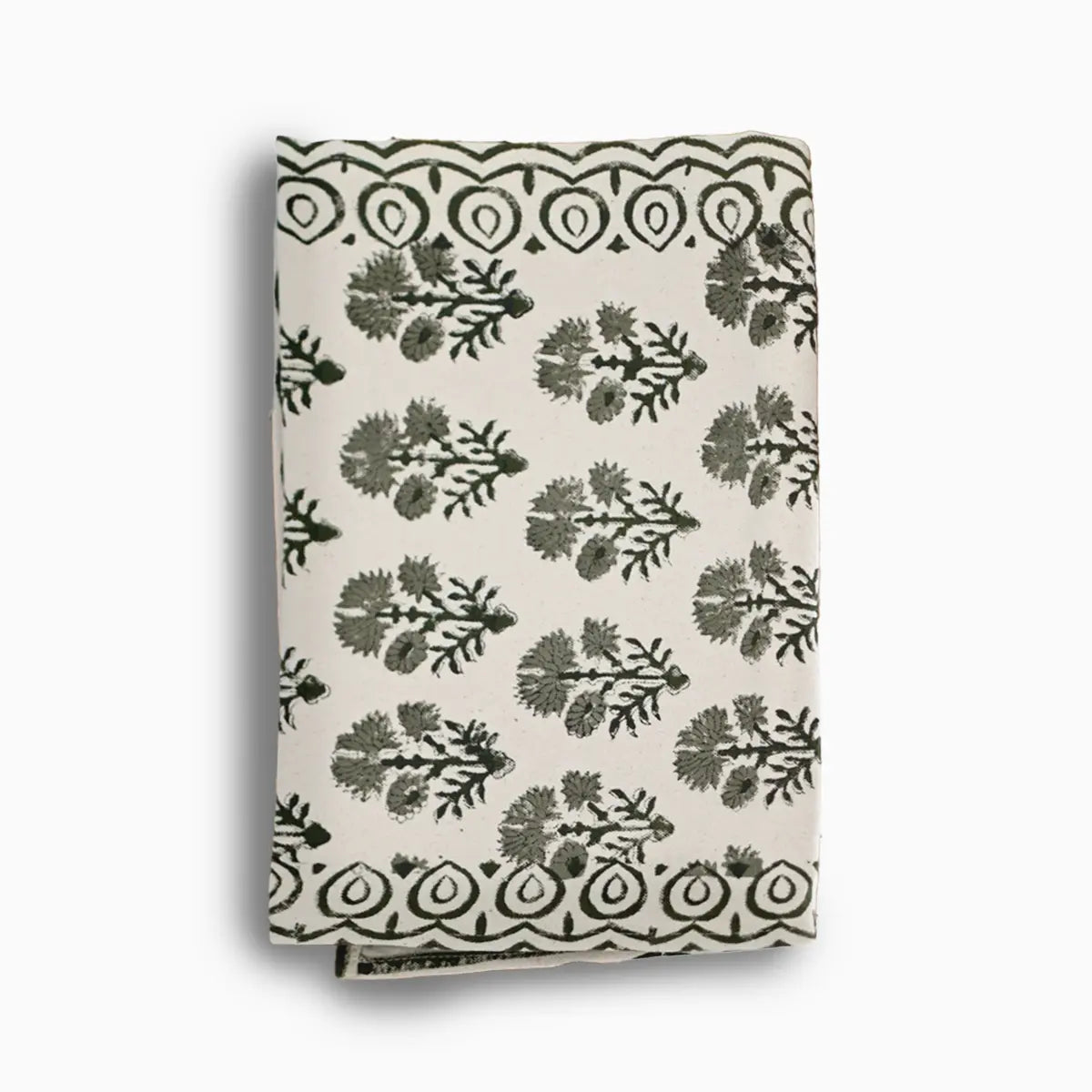Hand block print table runner in white with sage green floral buti pattern