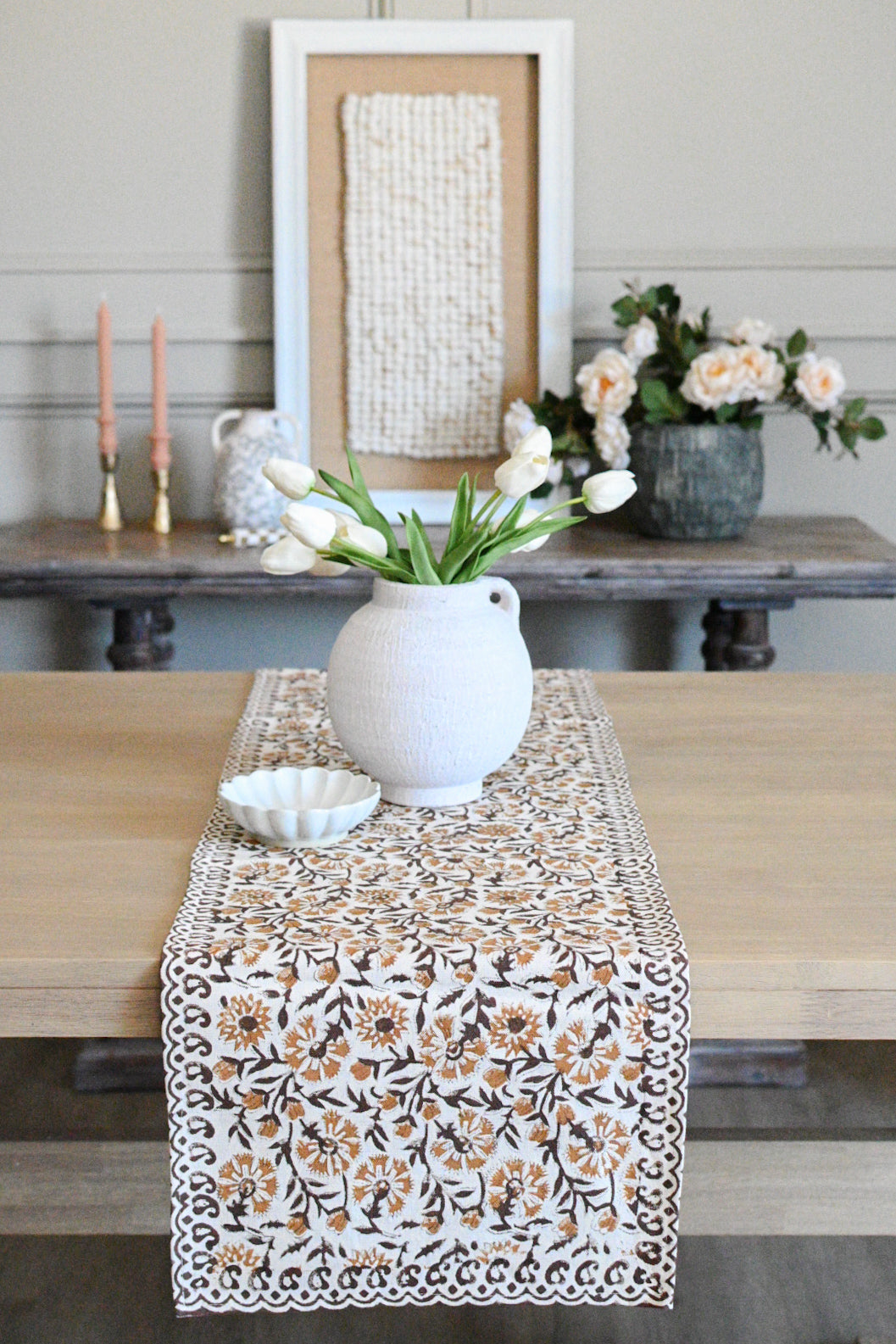 Hand Block Print Table Runner – White & Amber Gold Table Runners