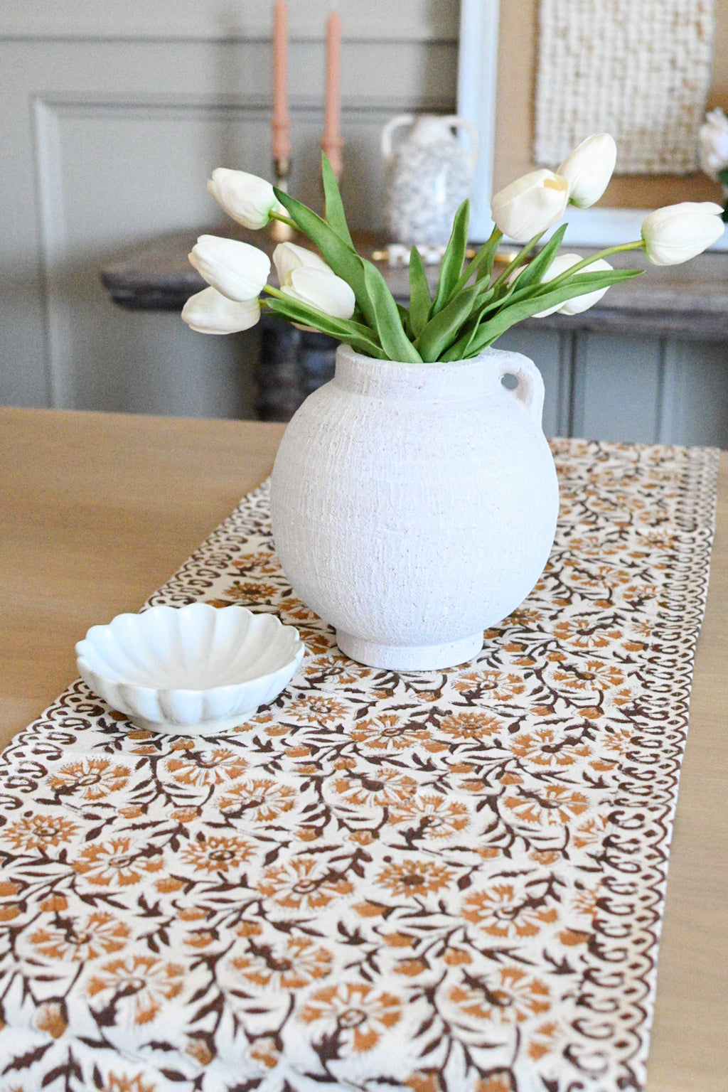 Hand Block Print Table Runner – White & Amber Gold Table Runners