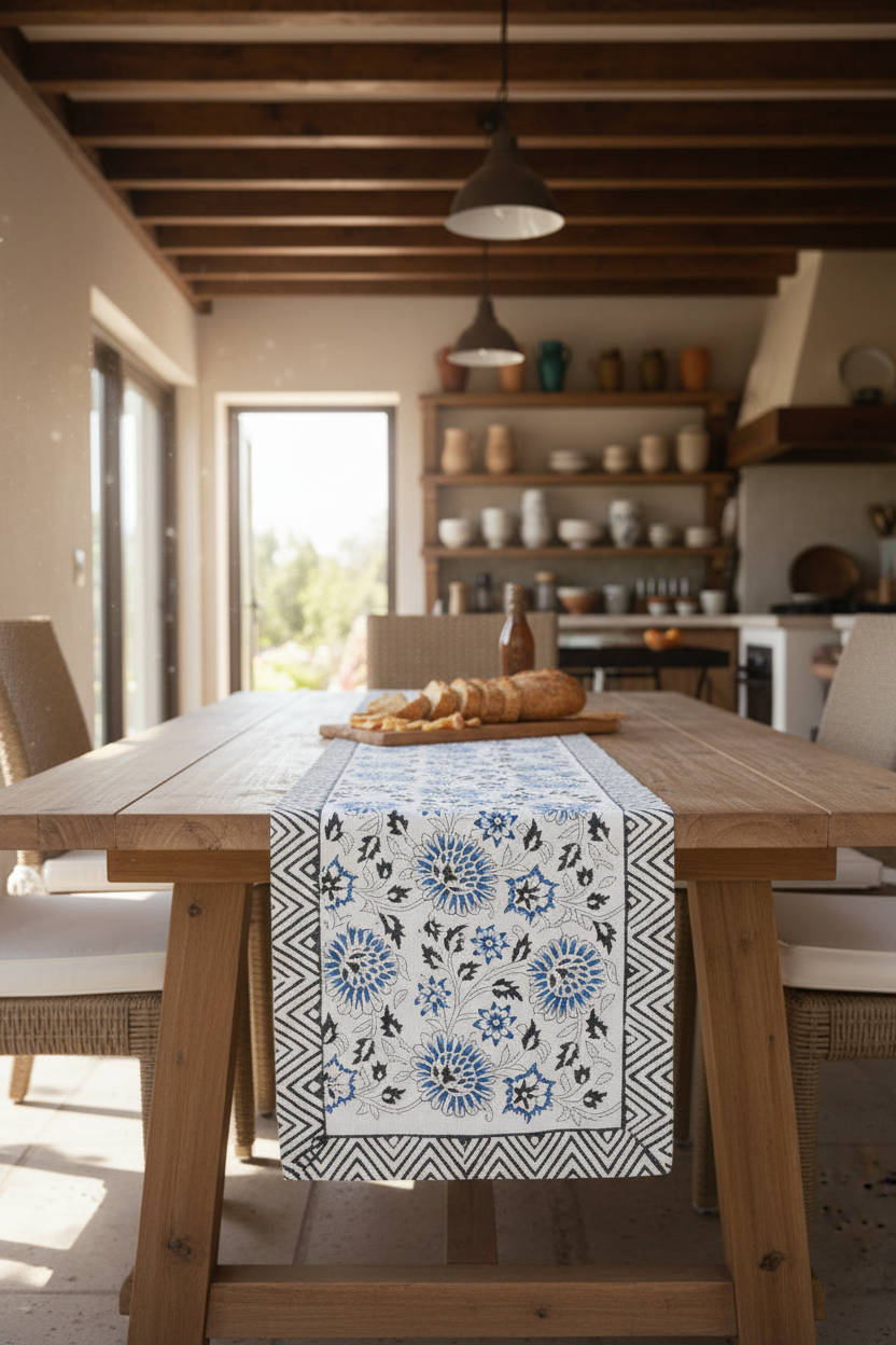 Hand Block Print Table Runner – White & Royal Blue Table Runners