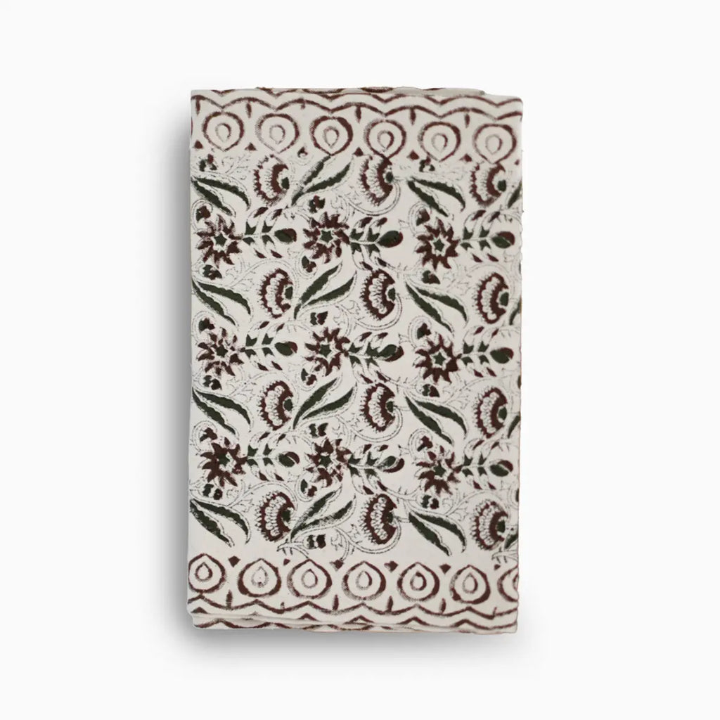 Hand block print table runner in white with rust brown floral pattern