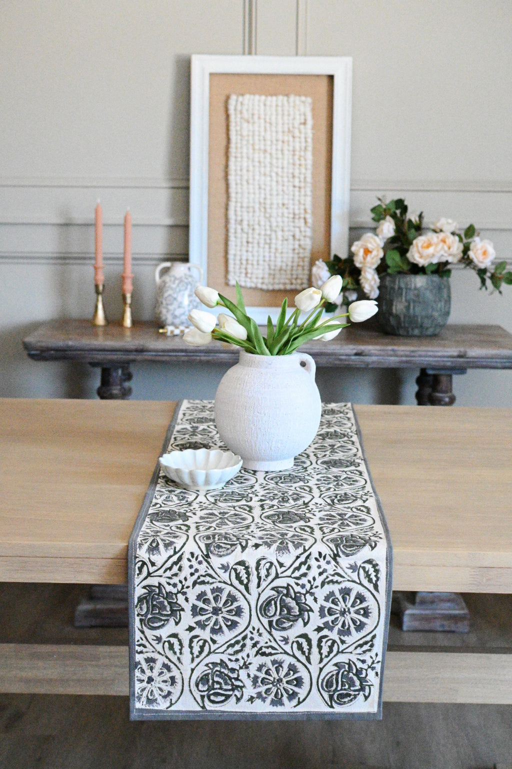 Hand Block Print Table Runner – White & Metal Gray Table Runners