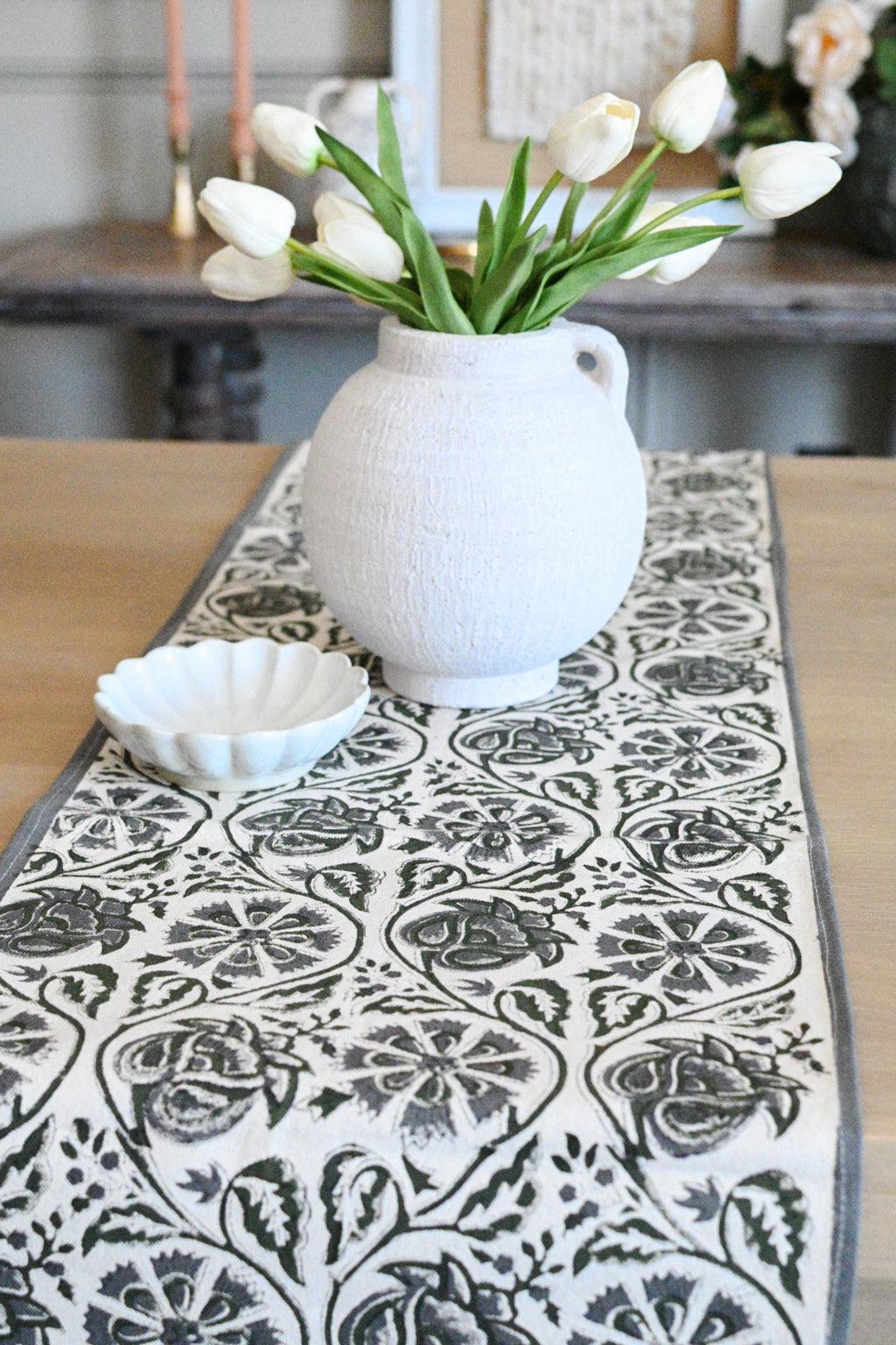 Hand Block Print Table Runner – White & Metal Gray Table Runners
