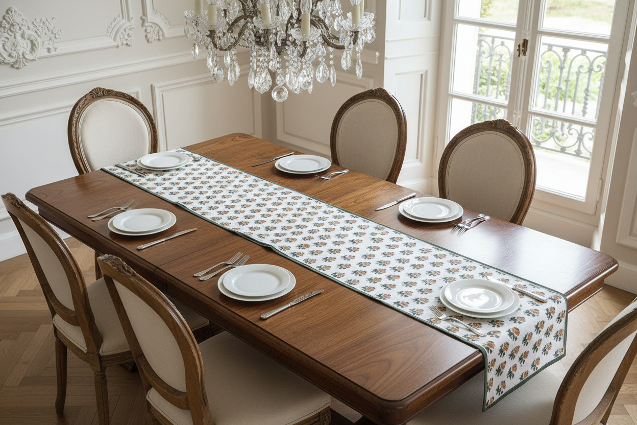Hand Block Print Table Runner – White & Fern Green Table Runners