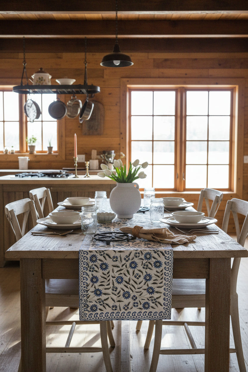 Hand Block Print Table Runner – White & Royal Blue Table Runners