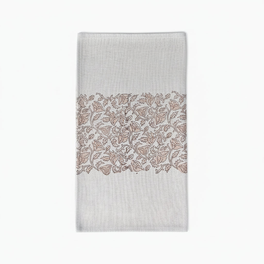 Hand block print table runner in natural beige, blush, and chestnut tones