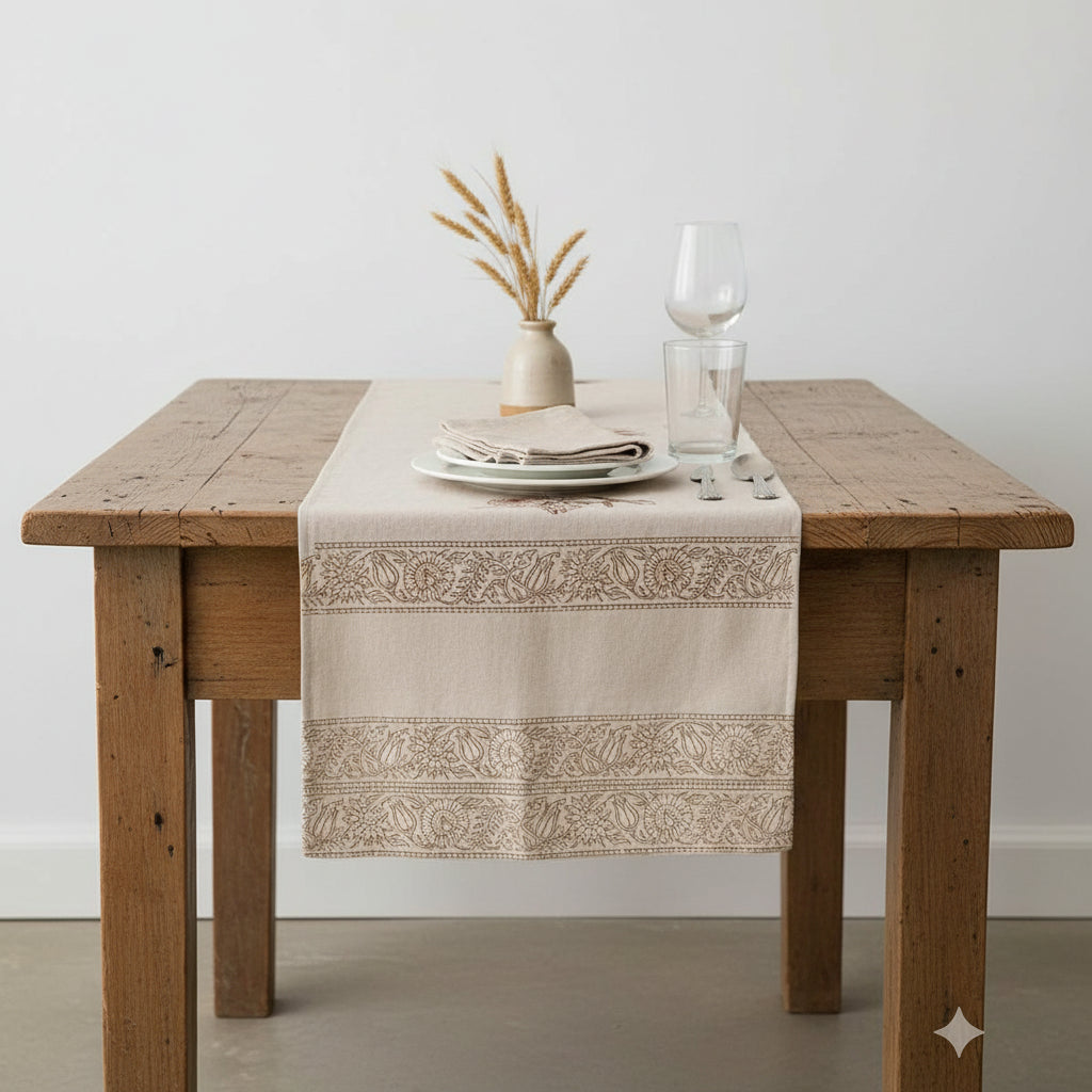 Decorative block print table runner with pom‑pom trim styled on a dining table