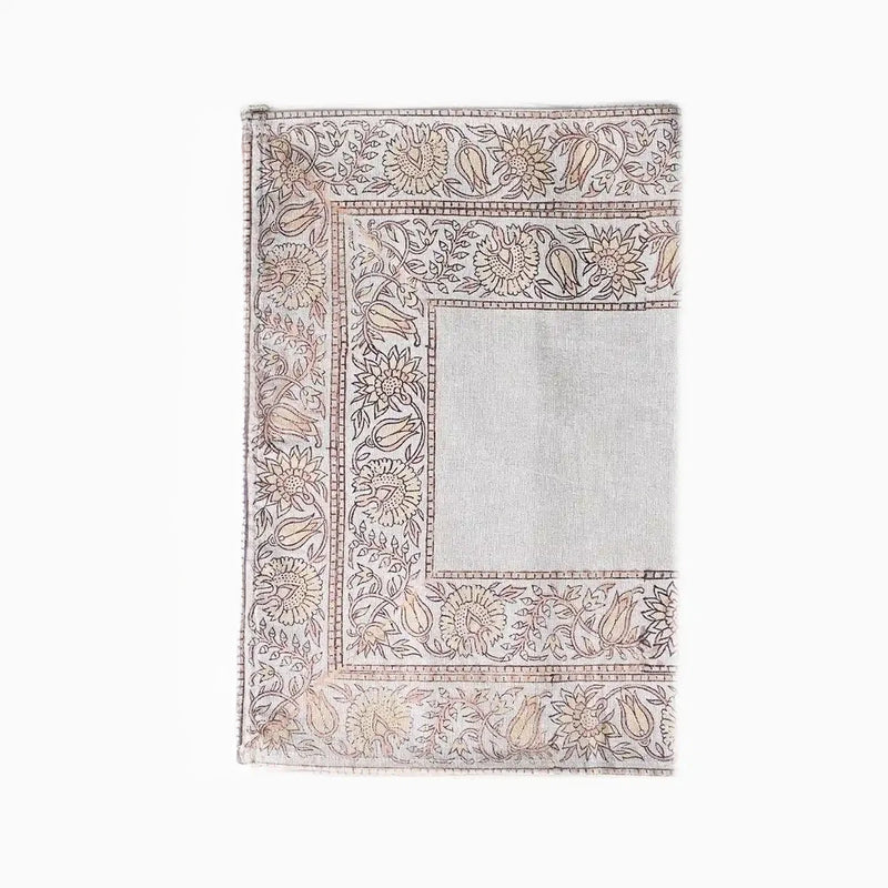 Hand block print table runner in natural beige, fawn, and chestnut tones
