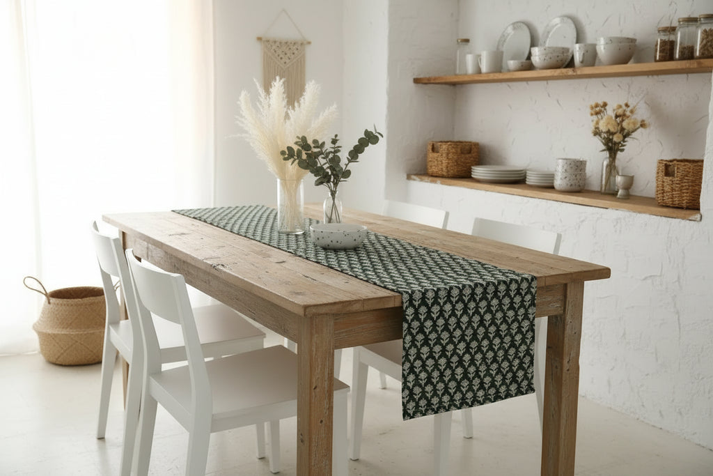 Hand Block Print Table Runner – Olive Green & Off White Table Runners